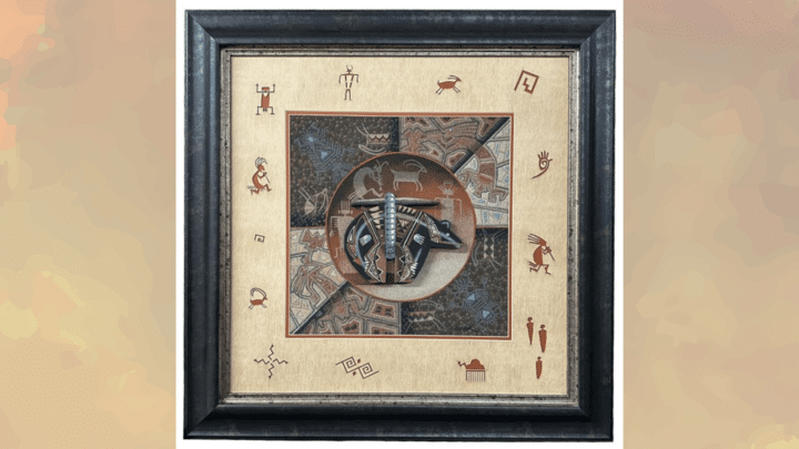 framed navajo sand painting with tribal symbols geometric patterns and southwestern native american artwork