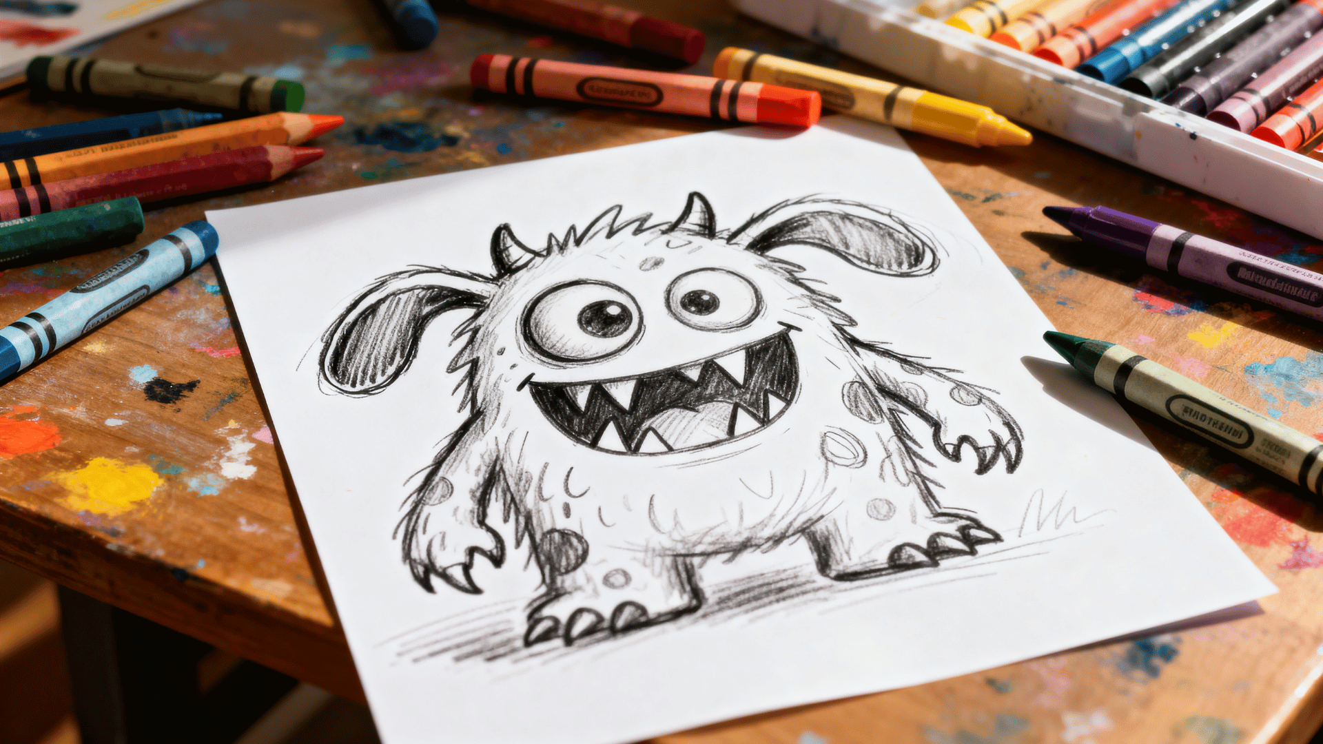 Funny monster doodle with exaggerated features drawn using colorful markers and crayons.