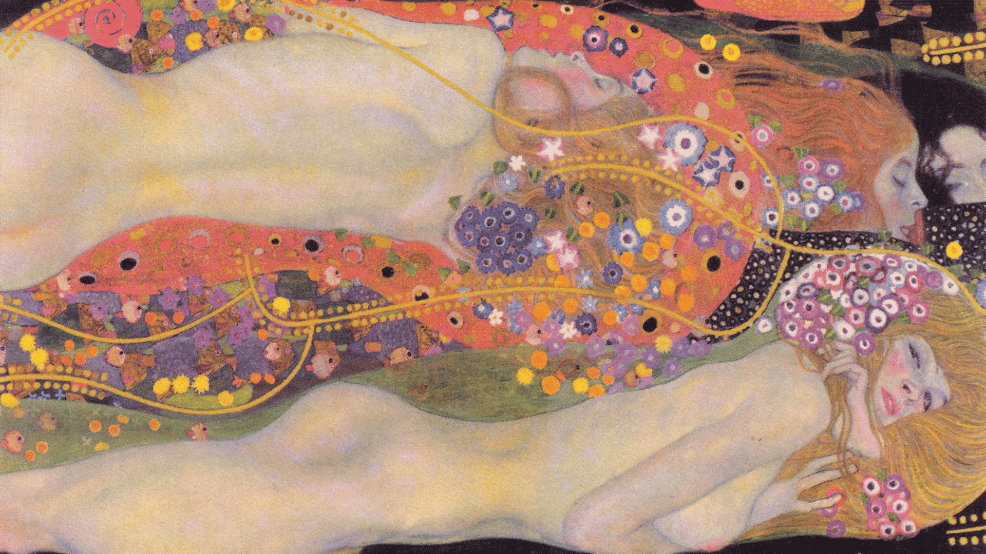 gustav klimt artwork of intertwined female figures surrounded by flowing floral decorations.