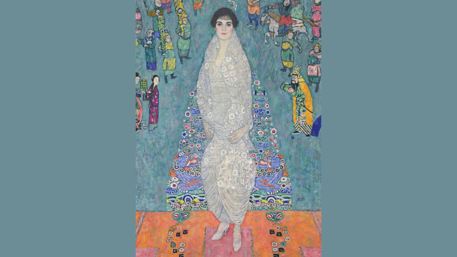 gustav Klimt portrait of Elisabeth Lederer surrounded by decorative patterns and soft colors.