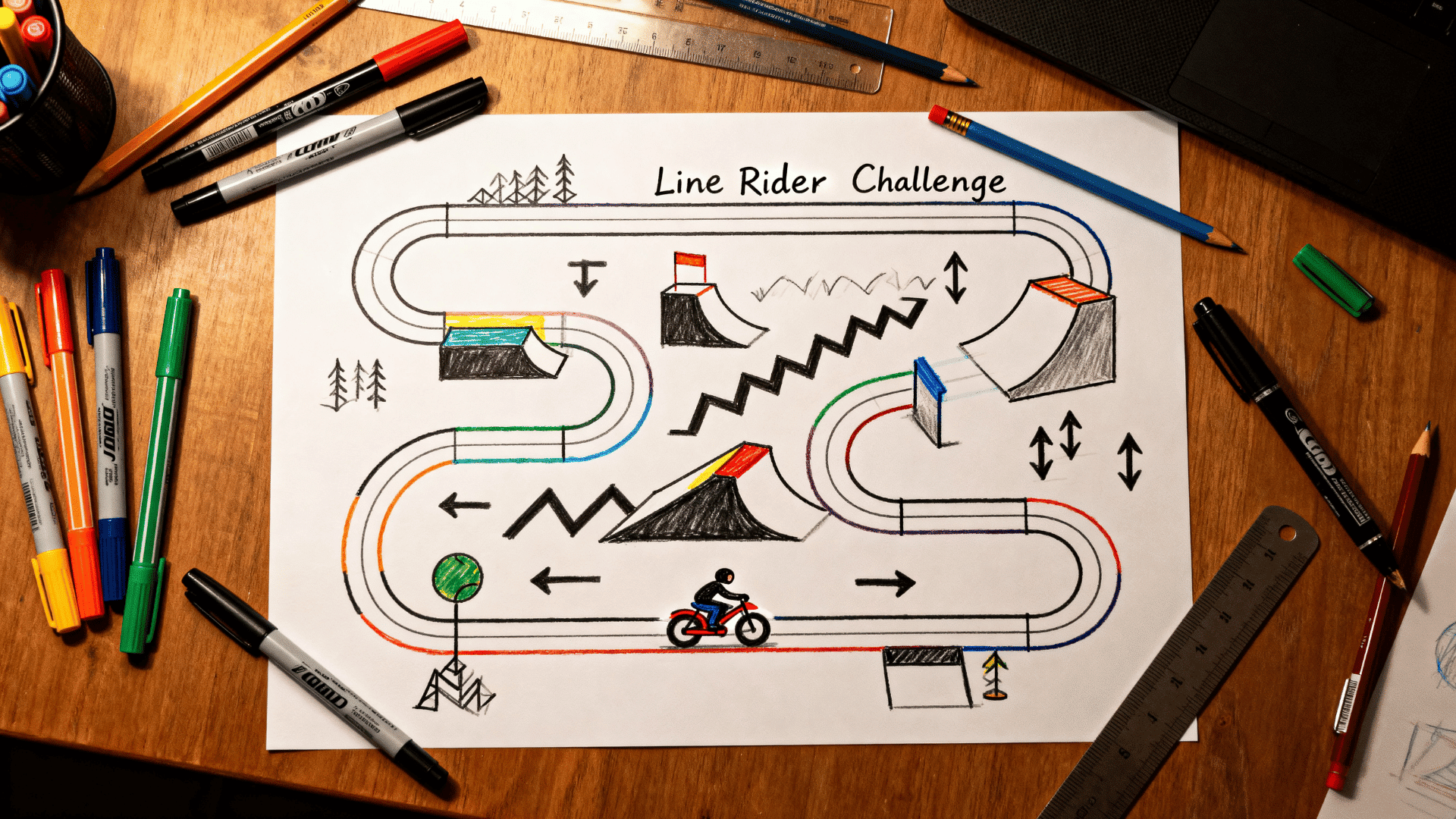 hand drawn line rider challenge track with loops ramps and obstacle paths on paper surrounded by colorful pens and stationery on a wooden desk (1)