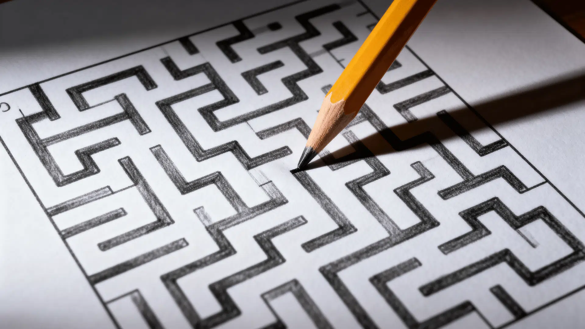 Hand-drawn maze puzzle with winding paths and dead ends on white paper.