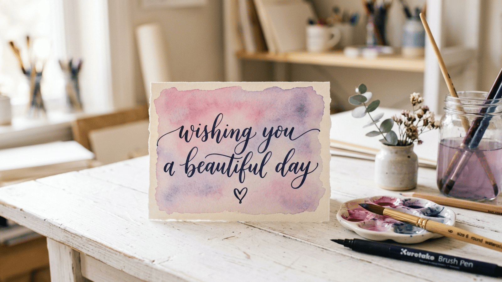 hand-painted watercolor greeting card with “wishing you a beautiful day” message, creative and heartfelt handmade gift