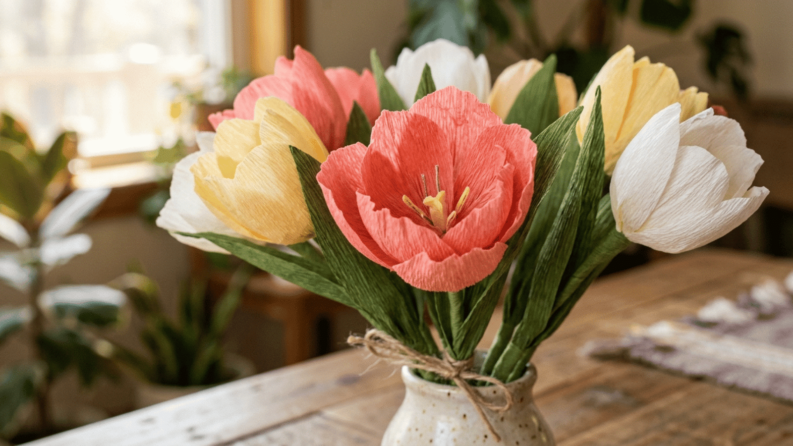 handmade bouquet of yellow, white, and red paper tulips tied with ribbon, simple and elegant DIY floral gift for Mother’s Day