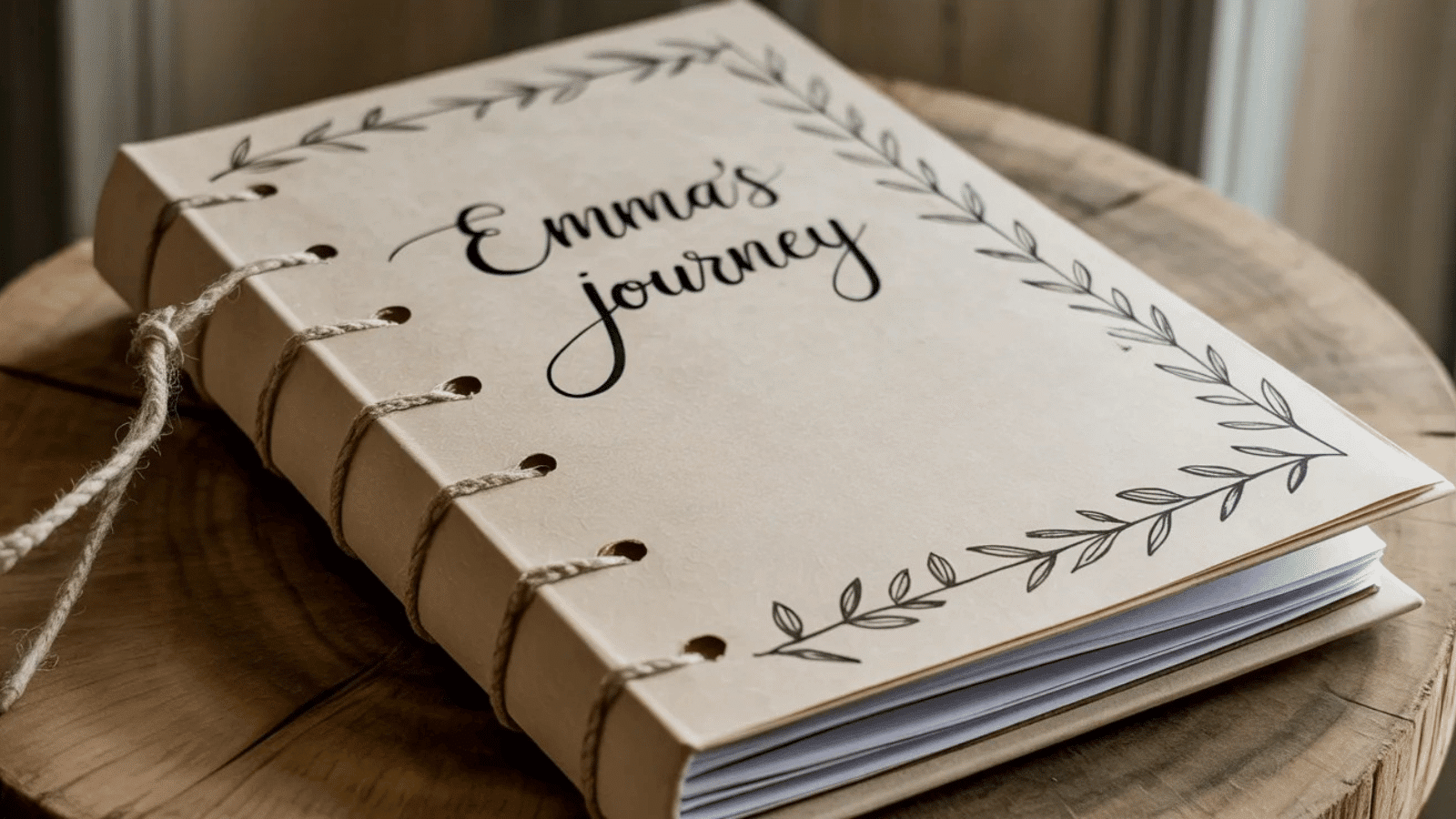 handmade memory journal titled “Emma’s Journey” with decorative border and quote, a sentimental personalized gift idea
