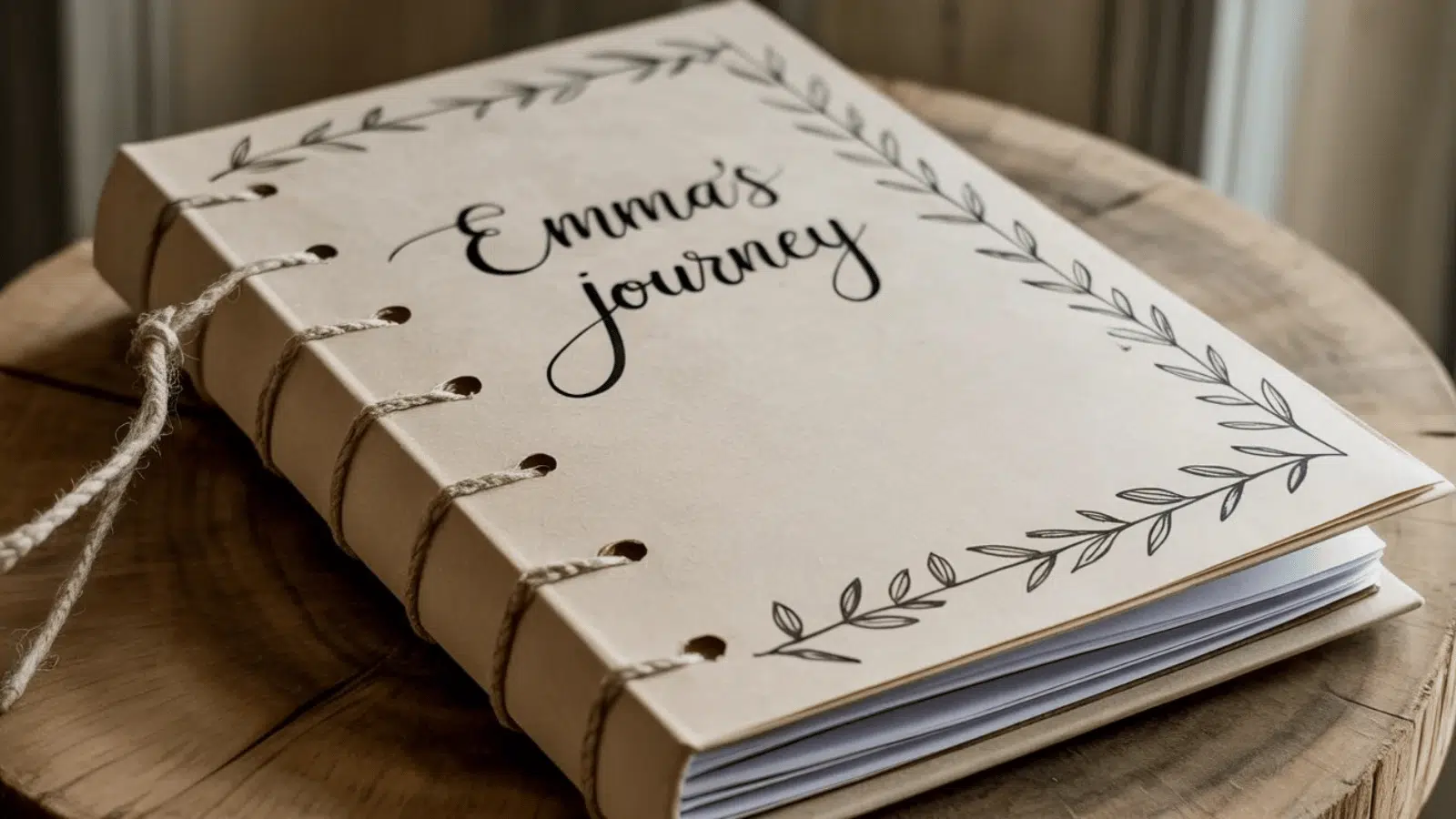 handmade memory journal titled “Emma’s Journey” with decorative border and quote, a sentimental personalized gift idea
