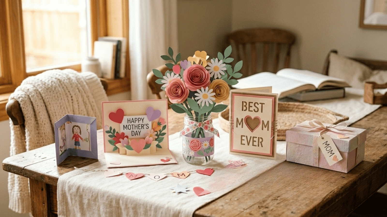 handmade Mother’s Day paper crafts display with cards, flowers, and gift box arranged on a cozy wooden table indoors
