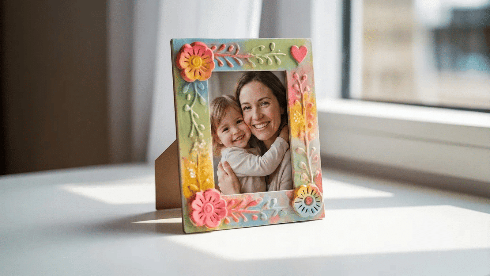 handmade photo frame with floral clay decorations featuring mother and child portrait, sentimental DIY keepsake gift idea