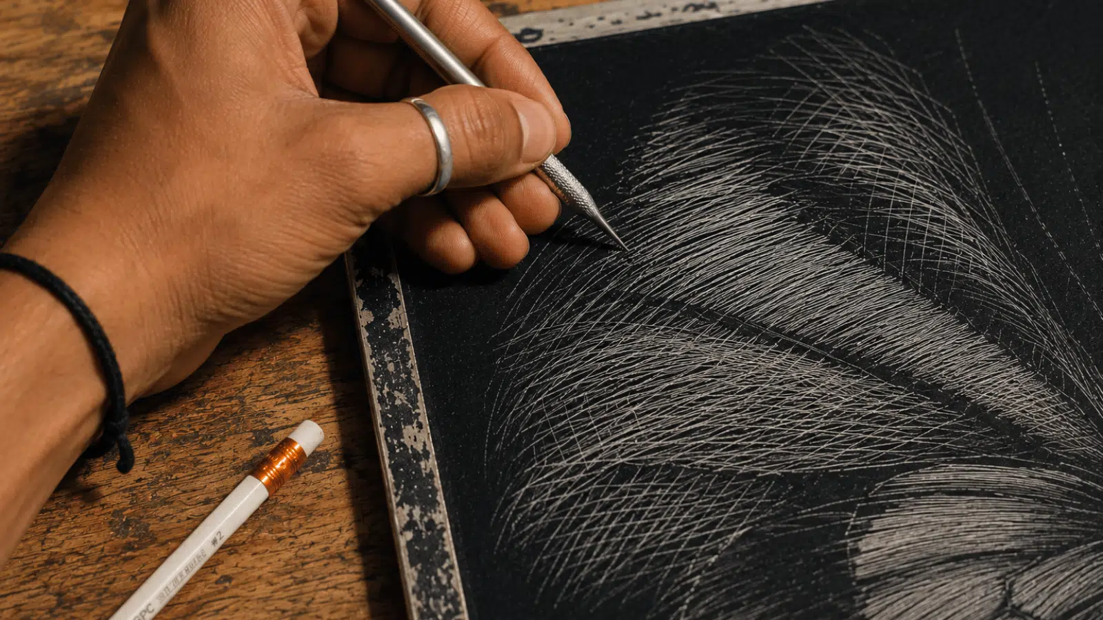 _hands scratching crossed white lines on a black scratchboard to create depth and shadow effects.
