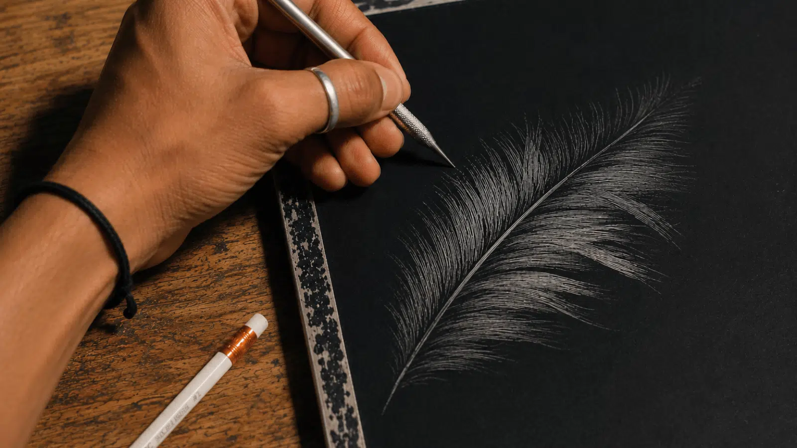 hands scratching short tapered white strokes on a black scratchboard resembling feathers or soft fur