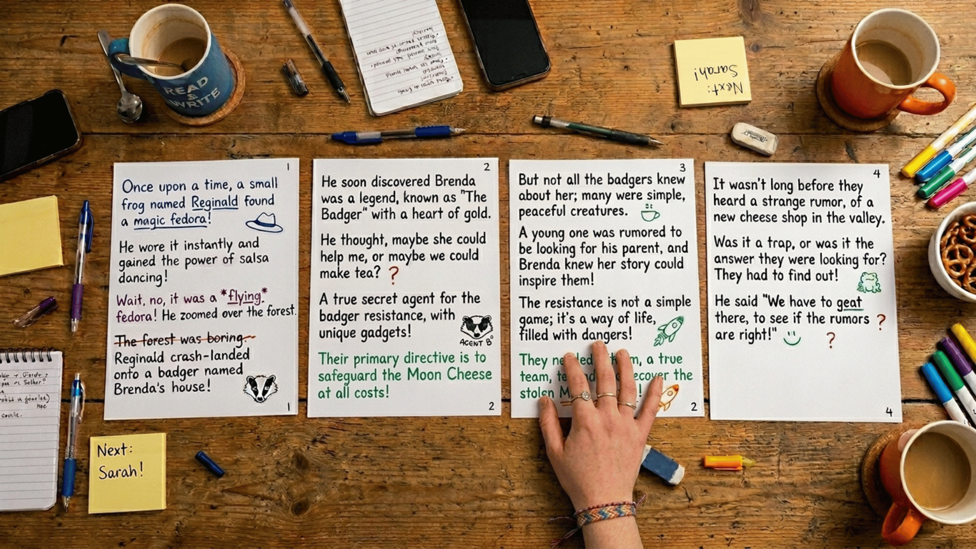 handwritten story building game on paper with multiple story lines, doodles, pens, and notebooks scattered across a wooden table in a cozy indoor setting