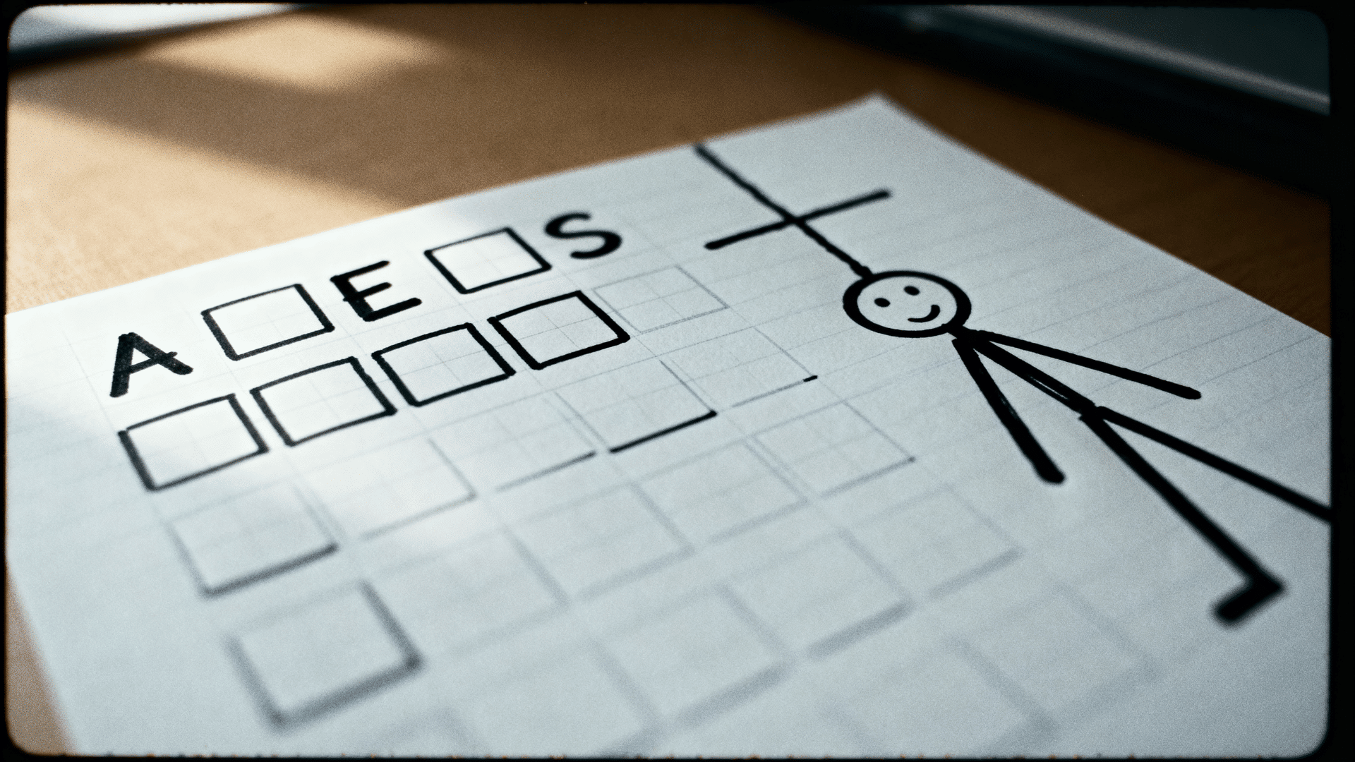 Hangman word guessing game on paper with blank letter spaces and a stick figure drawing.
