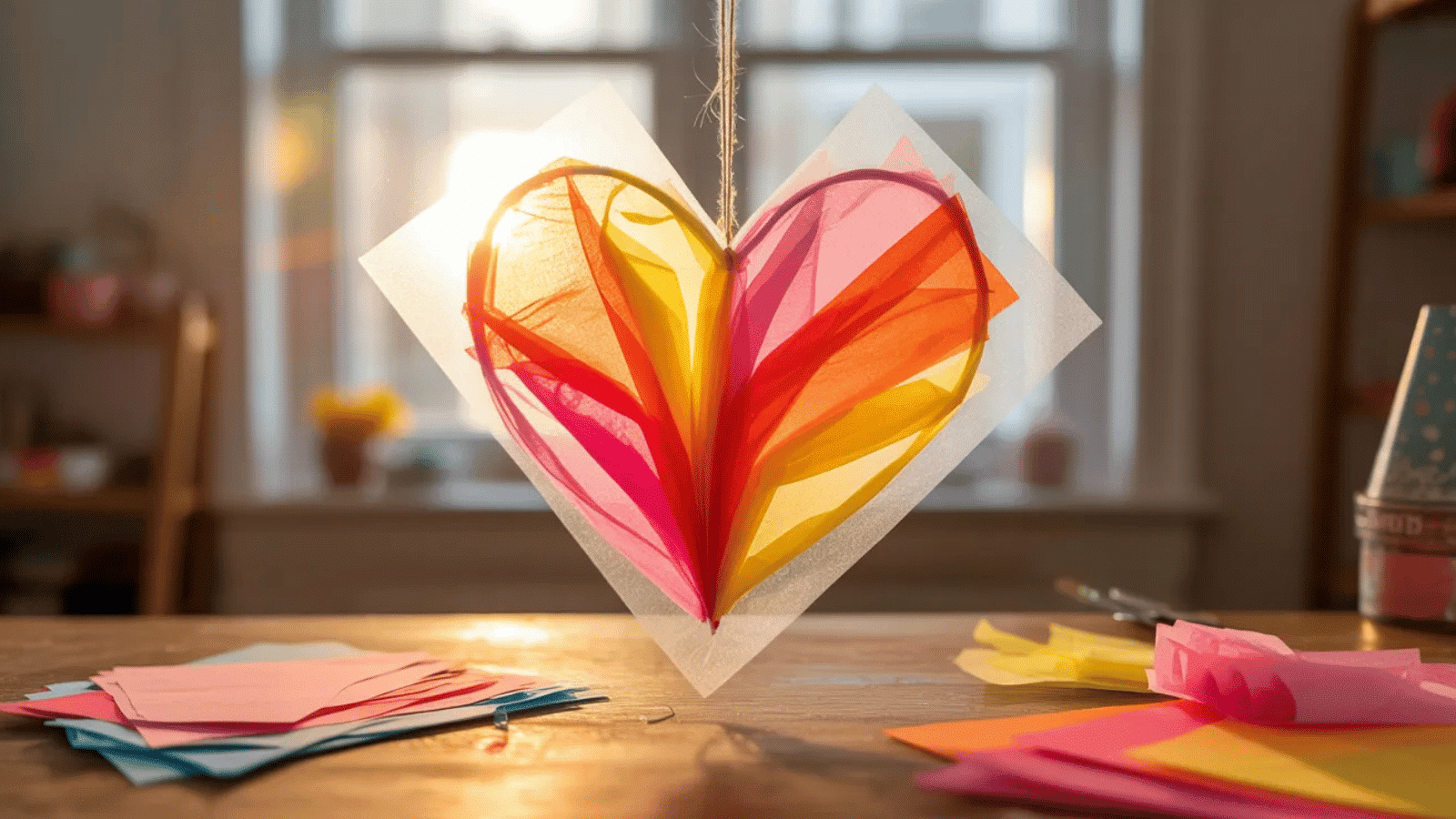 heart-shaped stained glass style paper craft hanging in sunlight with colorful translucent paper and warm background
