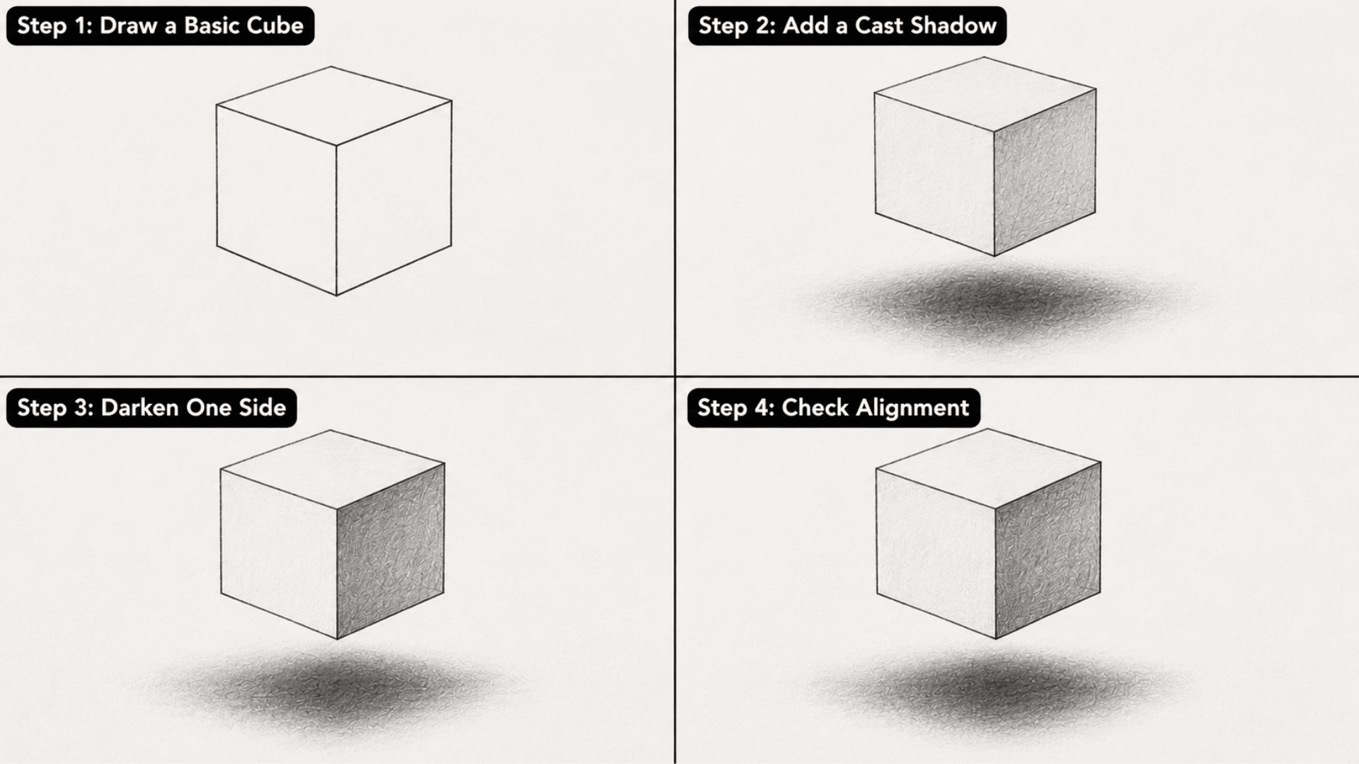 How to Create a Floating Cube Illusion step by step with cube sketching, cast shadows, shading, and alignment tips.