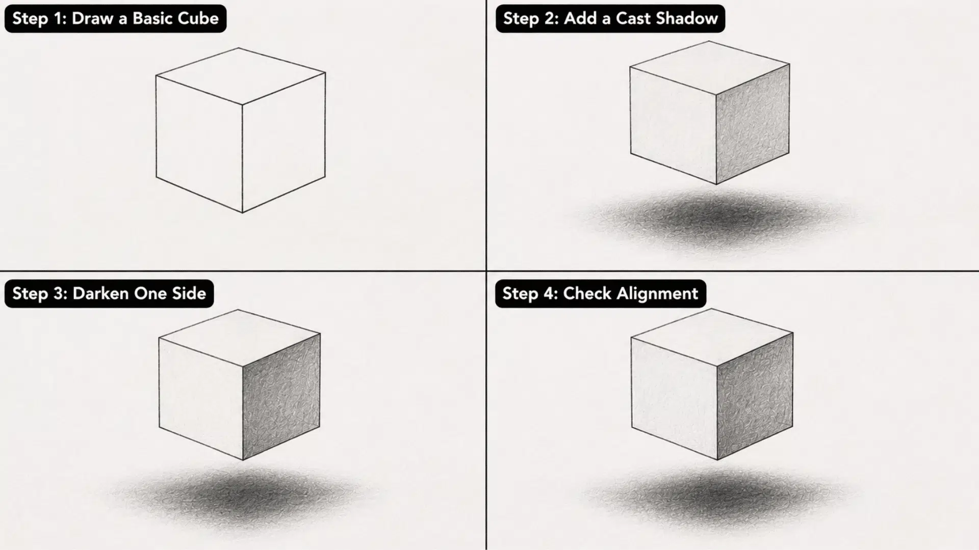 How to Create a Floating Cube Illusion step by step with cube sketching, cast shadows, shading, and alignment tips.