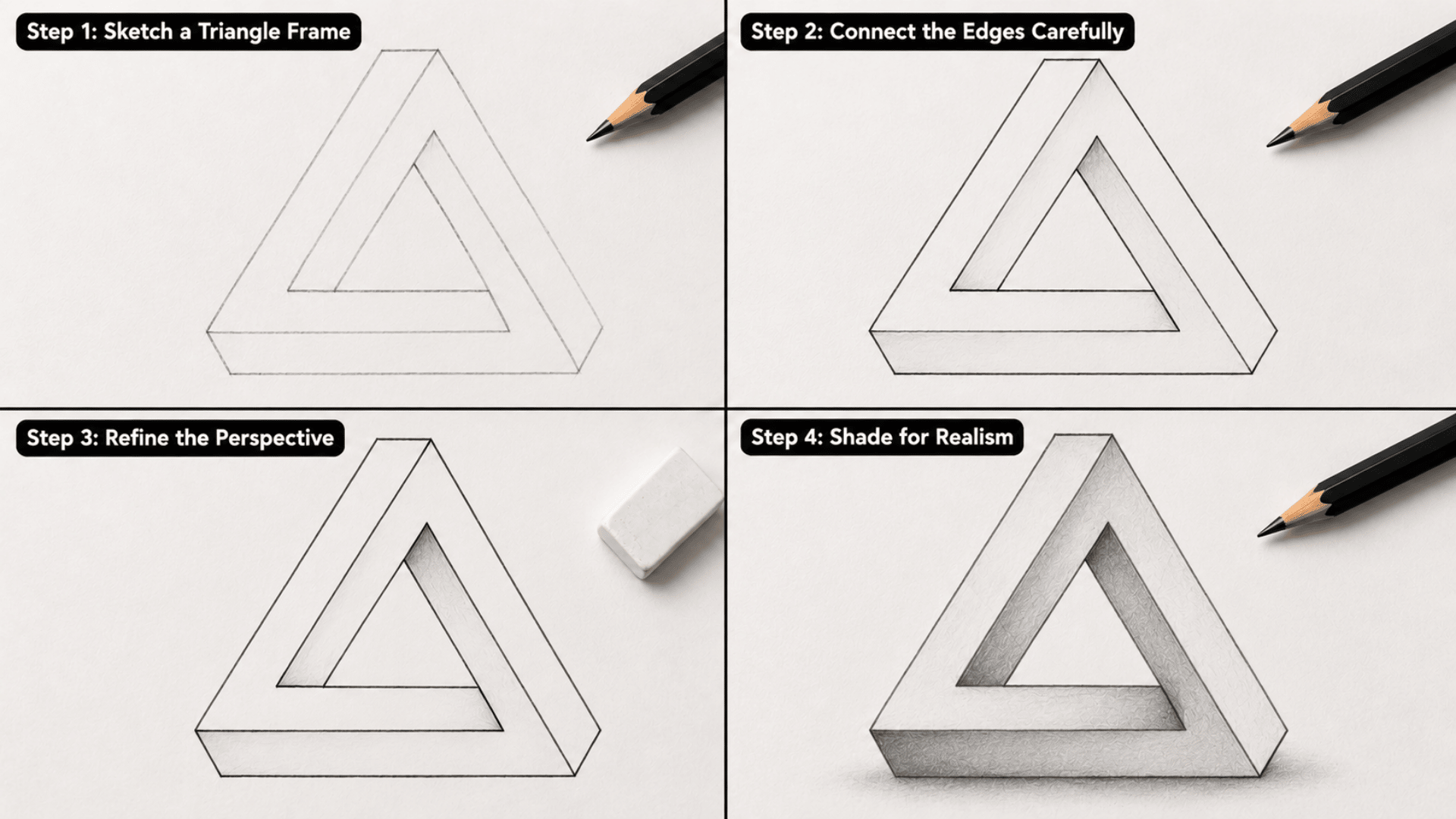 How to Draw an Impossible Triangle step by step using connected bars, clean perspective, sharp edges, and smooth shading.