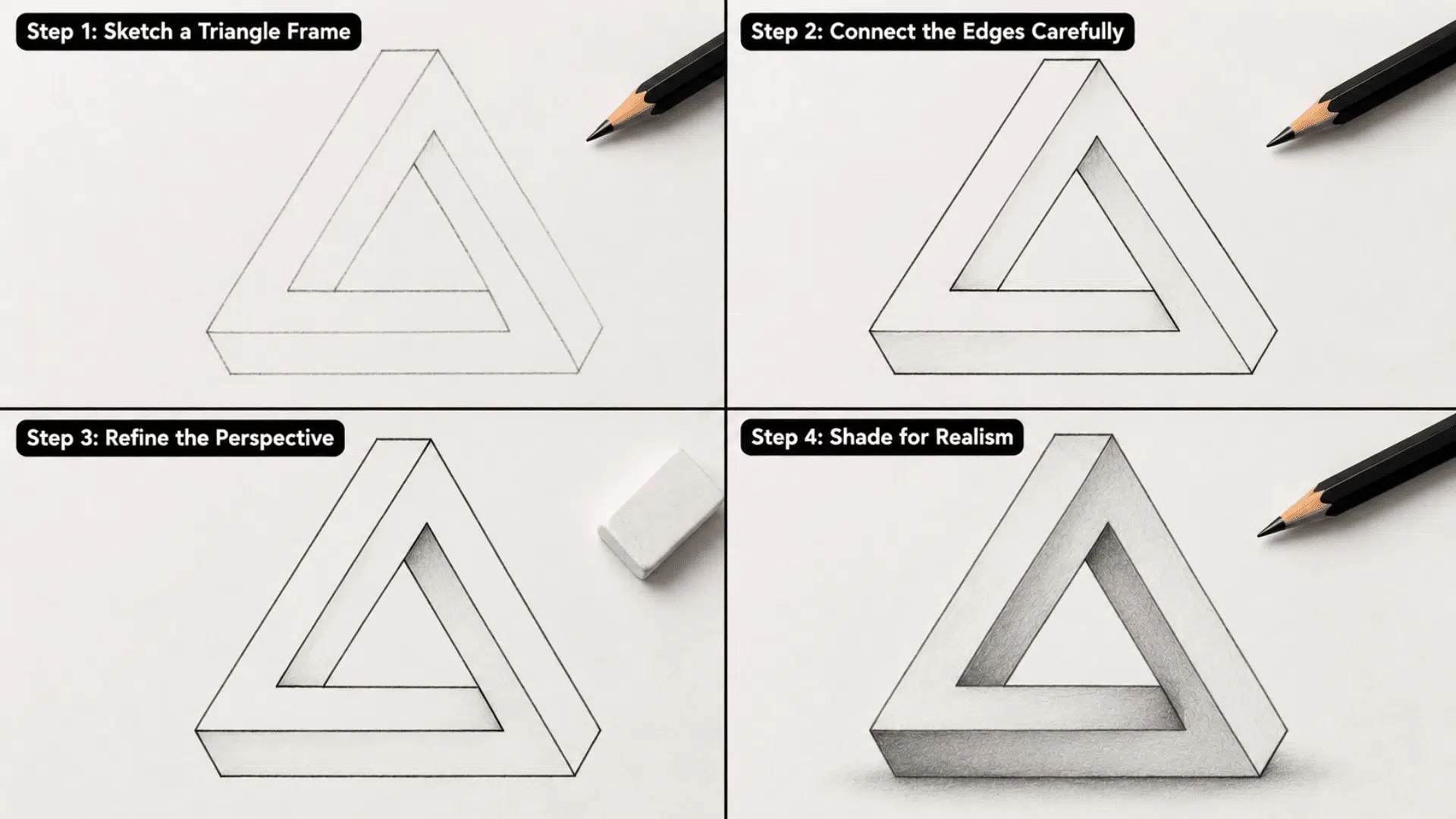 How to Draw an Impossible Triangle step by step using connected bars, clean perspective, sharp edges, and smooth shading.