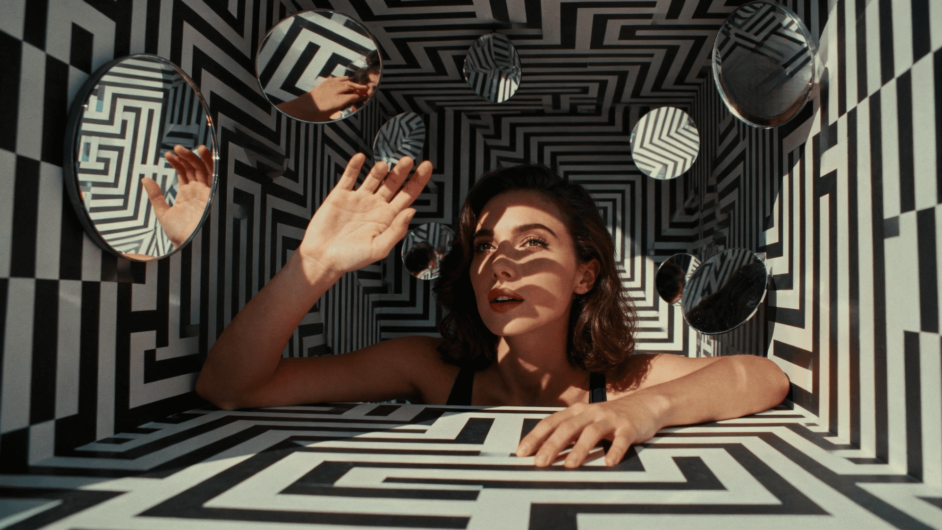 Illusion art portrait of a woman inside a black-and-white geometric maze with mirrors, surreal shadows, and optical patterns. (1)