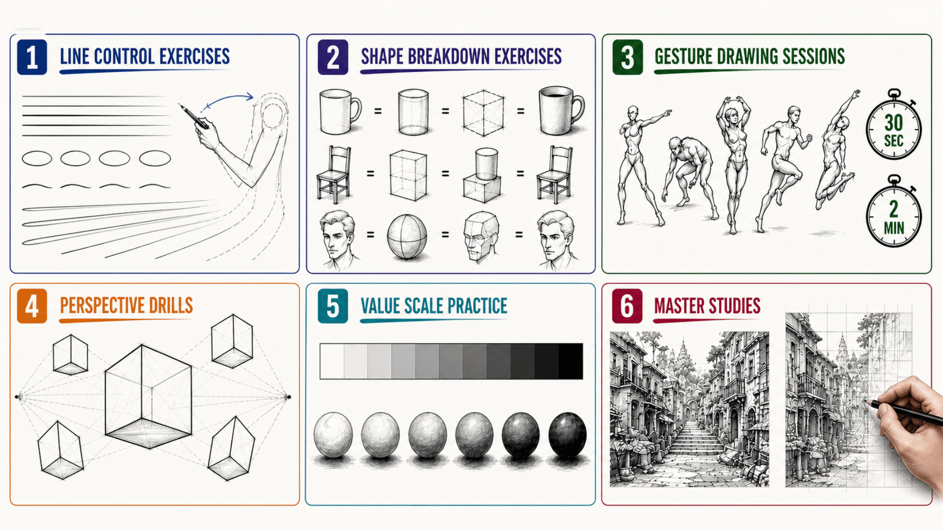 Infographic of six beginner drawing exercises including line control, gesture drawing, perspective, values, and master studies.