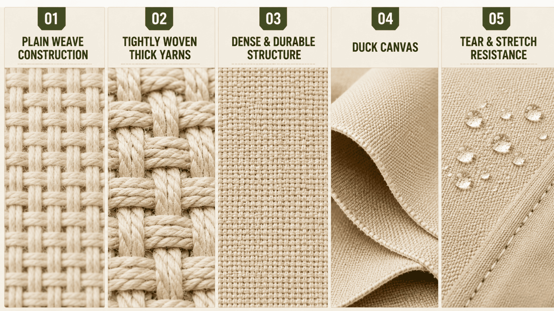 Infographic showing five canvas fabric features plain weave, thick yarns, durable structure, duck canvas, and tear resistance.