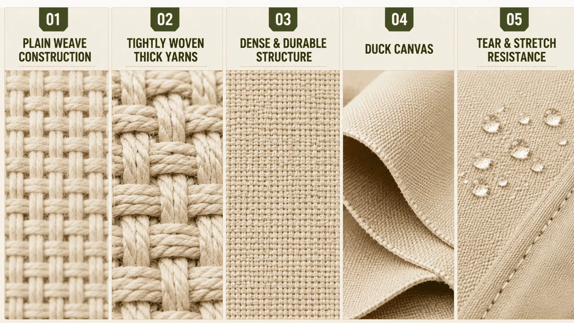 Infographic showing five canvas fabric features plain weave, thick yarns, durable structure, duck canvas, and tear resistance.
