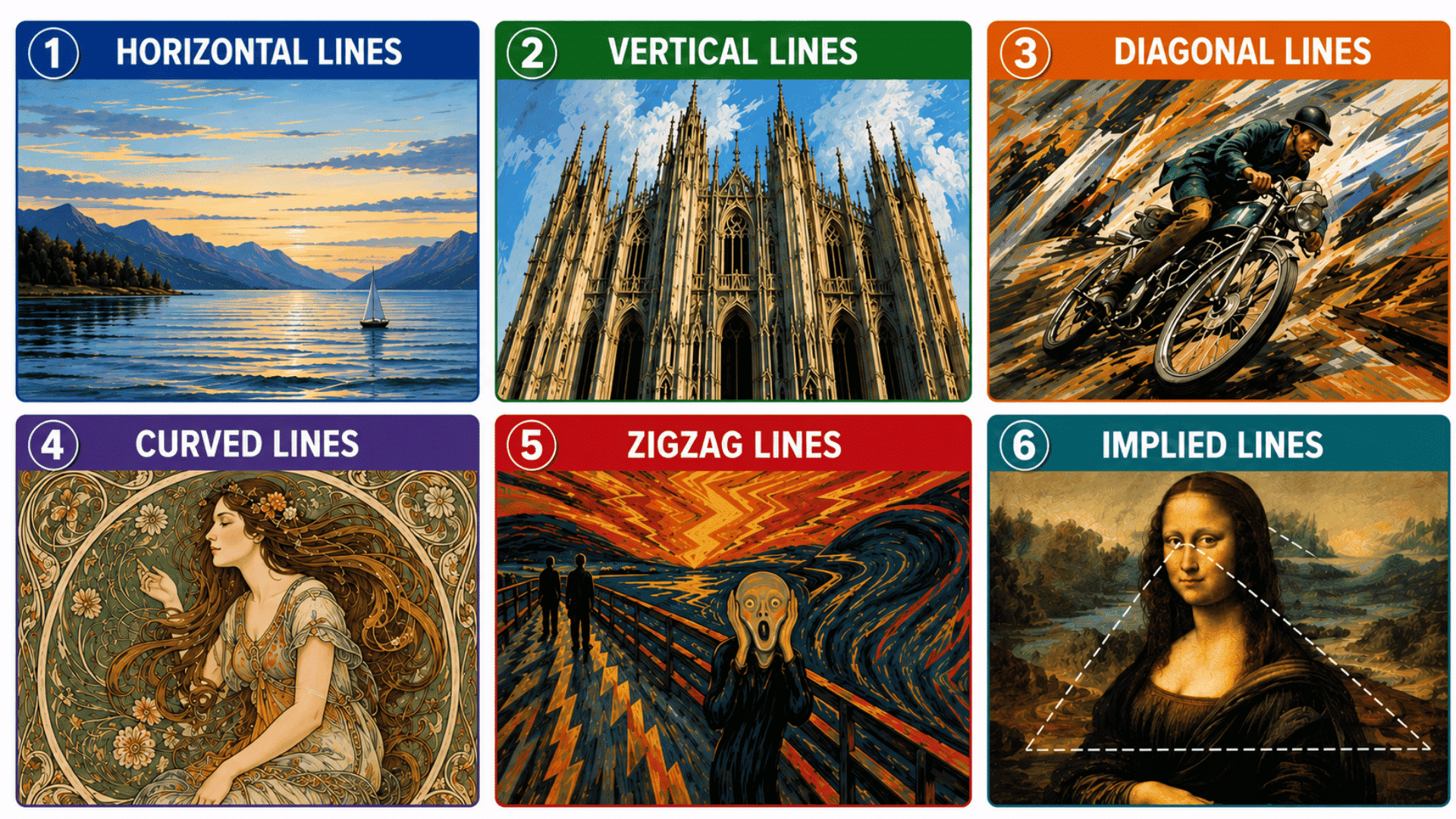 Infographic showing six art line types horizontal, vertical, diagonal, curved, zigzag, and implied lines with examples.