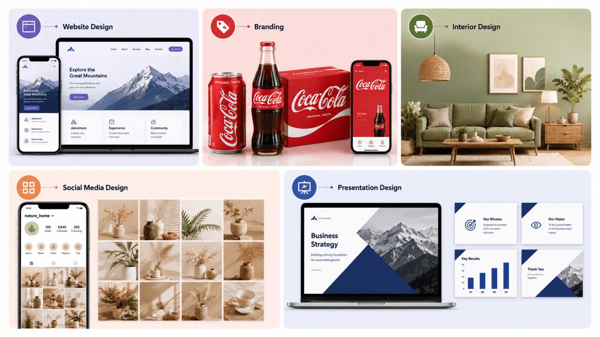 Infographic showing unified design examples across websites, branding, interiors, social media, and presentations in a clean layout.