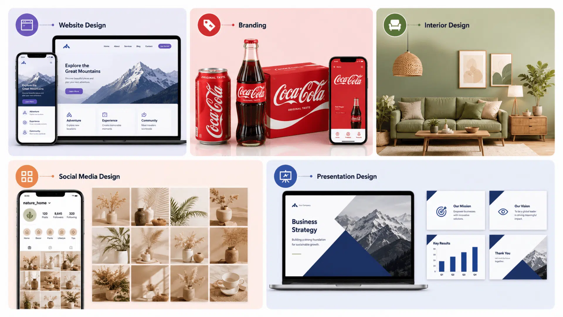 Infographic showing unified design examples across websites, branding, interiors, social media, and presentations in a clean layout.
