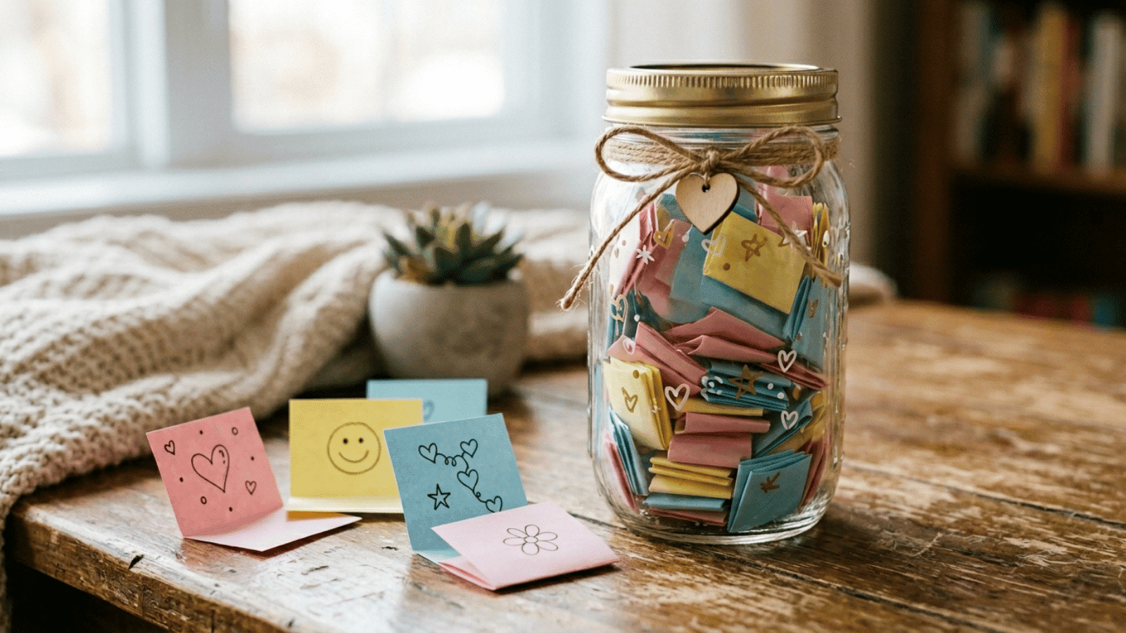 jar filled with colorful folded notes and love messages on a wooden table, a thoughtful DIY gift idea for special occasions