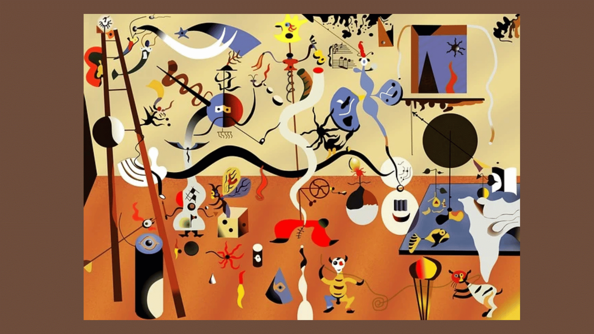 Joan Miró abstract painting with playful shapes, symbols, lines, and colorful surreal figures on a warm background.