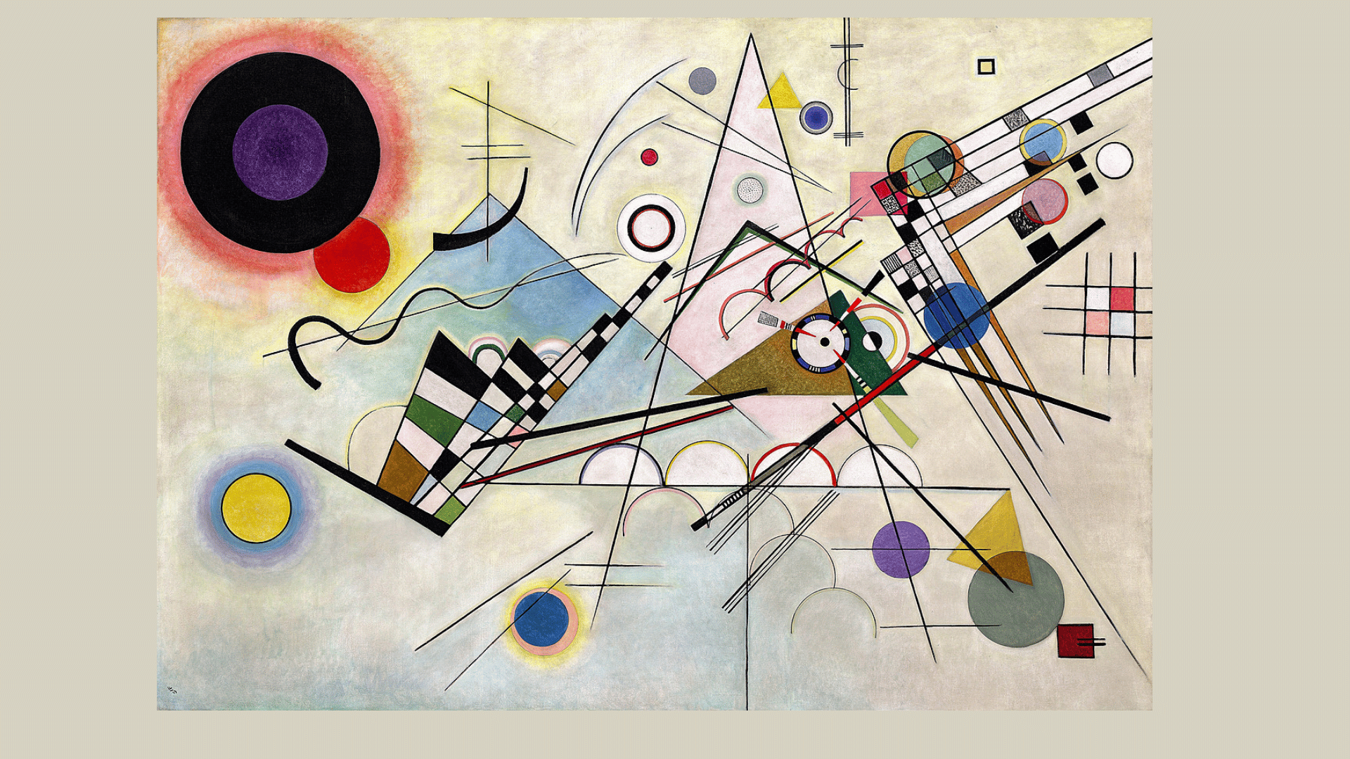 Kandinsky abstract painting with geometric shapes, circles, and intersecting lines in colorful Guggenheim artwork.