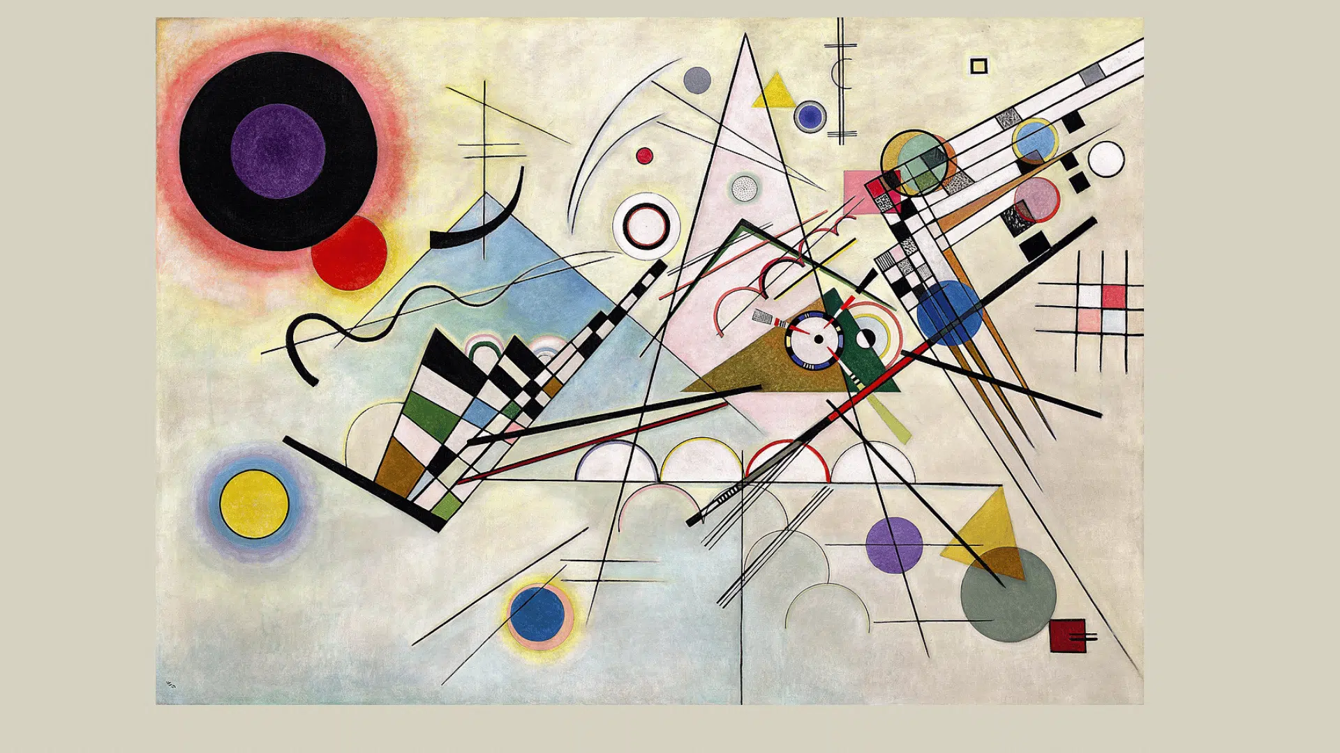 Kandinsky abstract painting with geometric shapes, circles, and intersecting lines in colorful Guggenheim artwork.