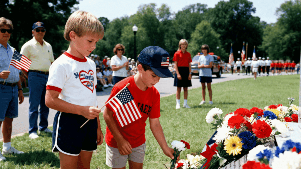 kids celebrating memorial day with flags flowers and family honoring heroes in a bright outdoor setting