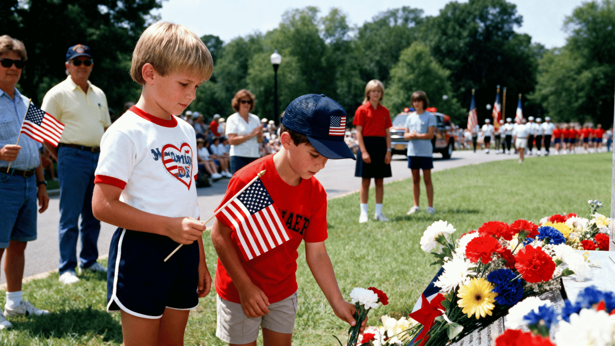 kids celebrating memorial day with flags flowers and family honoring heroes in a bright outdoor setting