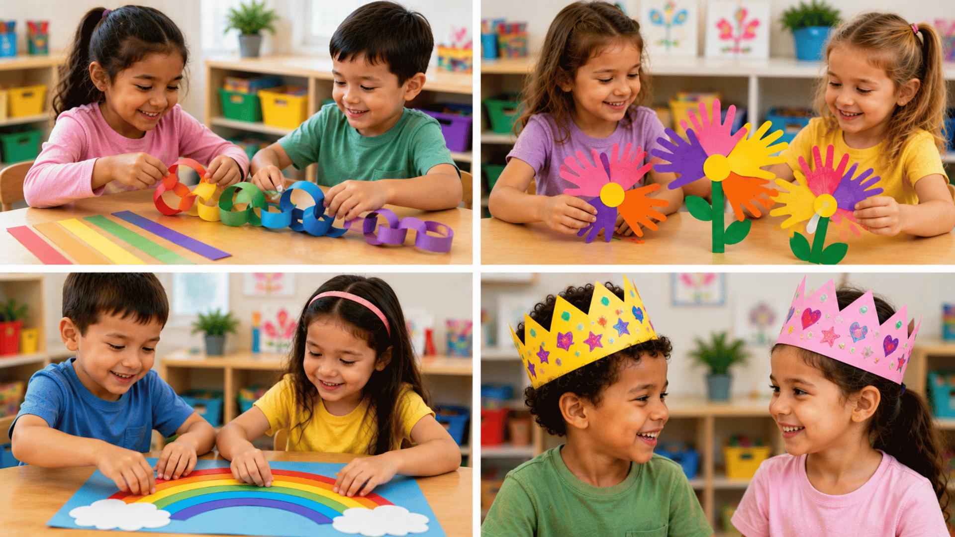 Kids creating paper chains, handprint flowers, rainbow crafts, and paper crowns in a bright classroom collage scene.