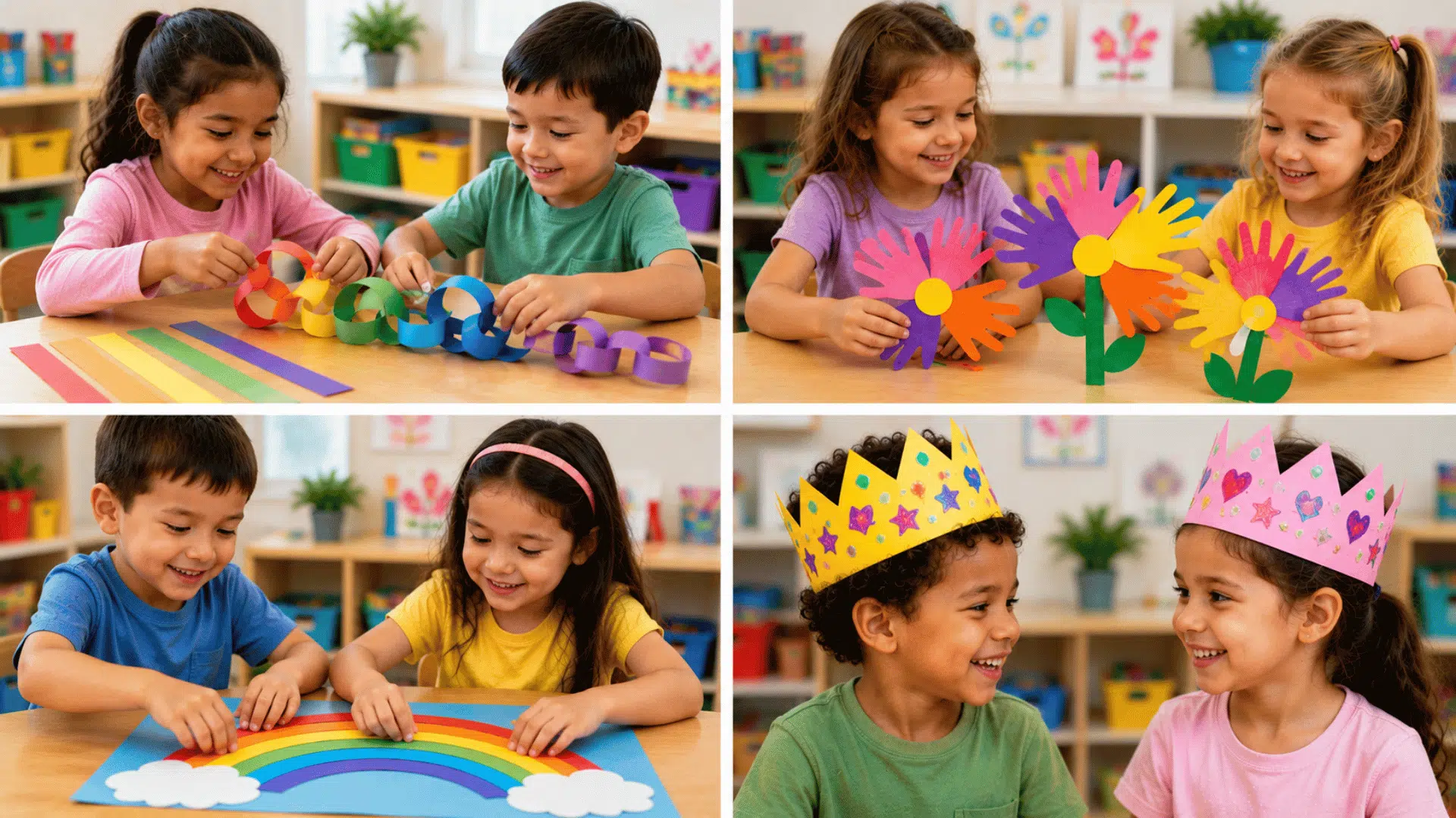 Kids creating paper chains, handprint flowers, rainbow crafts, and paper crowns in a bright classroom collage scene.