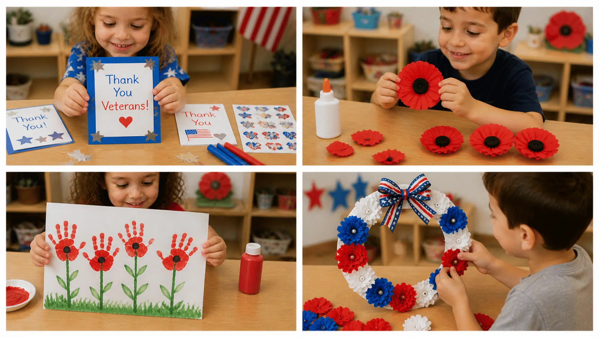 Kids creating thank-you cards, poppy crafts, handprint flowers, and a remembrance wreath using red, white, and blue supplies