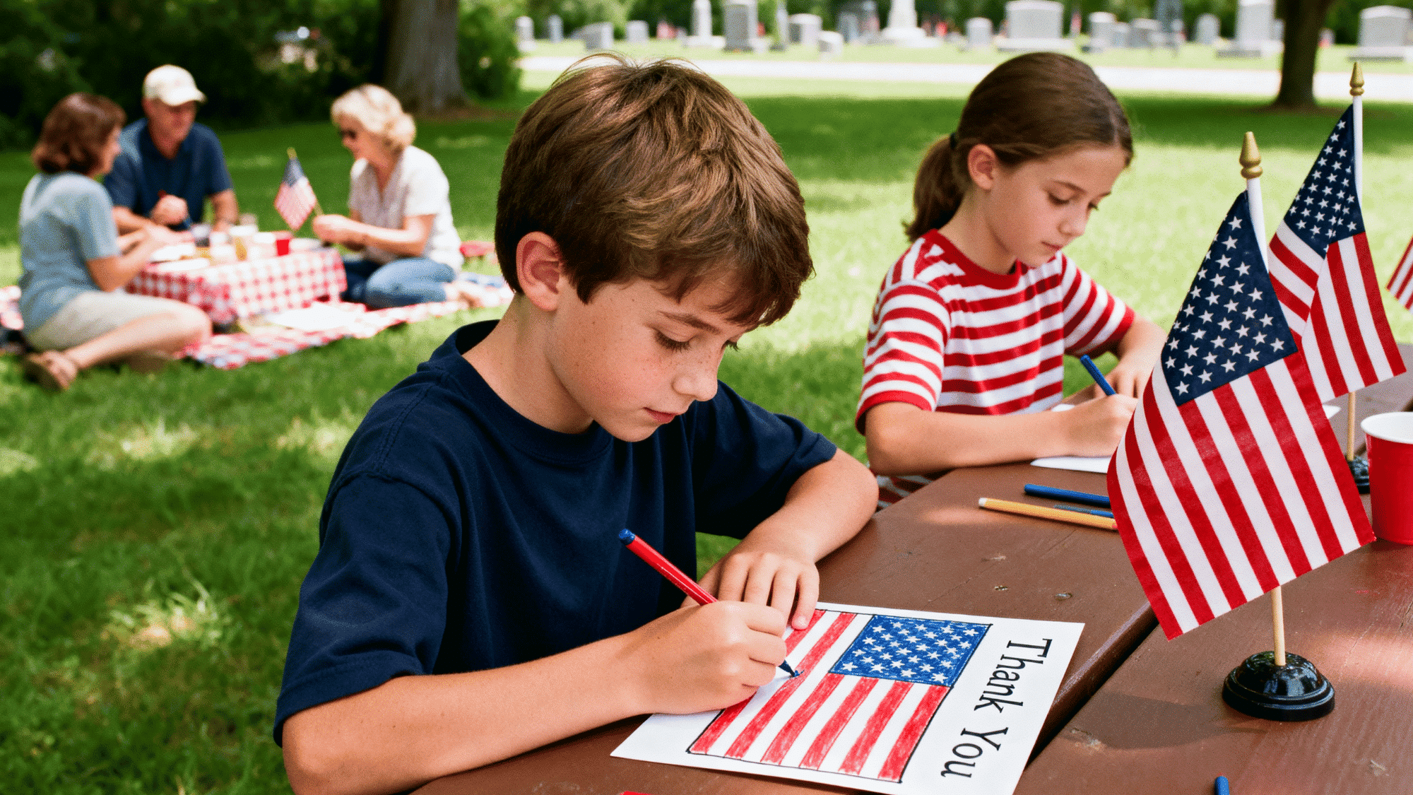 kids doing memorial day activities like coloring flags making cards and enjoying time outdoors together