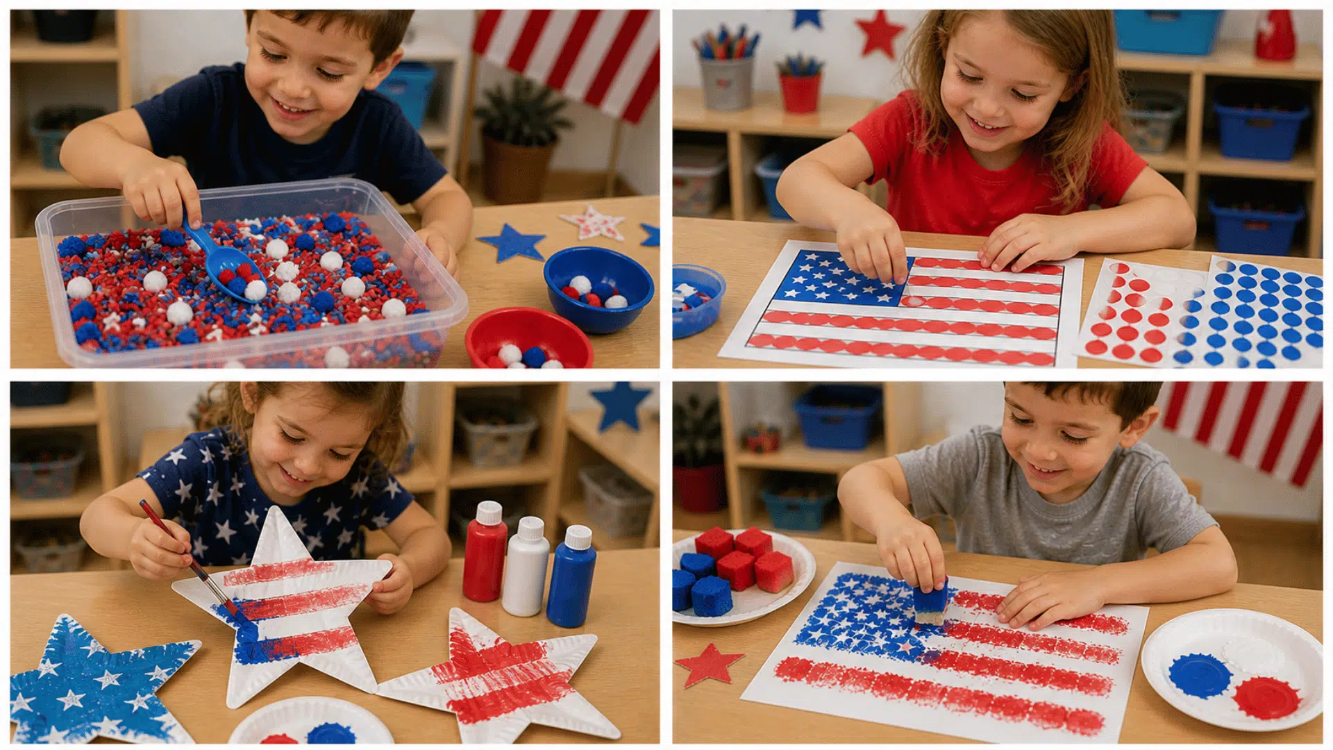 _Kids doing patriotic crafts sensory bin play, sticker flag activity, paper plate star painting, and sponge-painted flag art in classroom