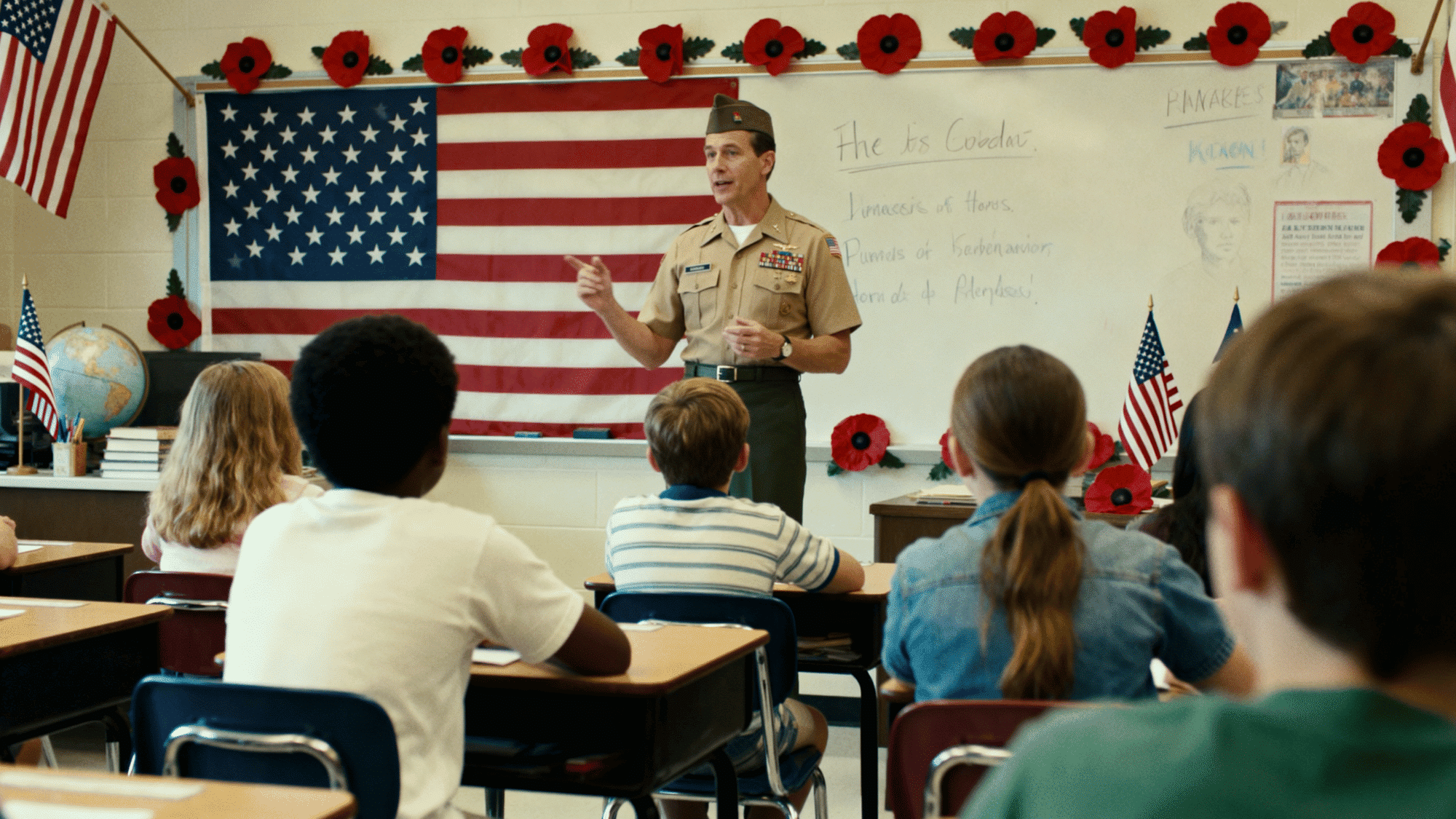 kids learning about memorial day values like respect gratitude and heroes in a calm classroom setting