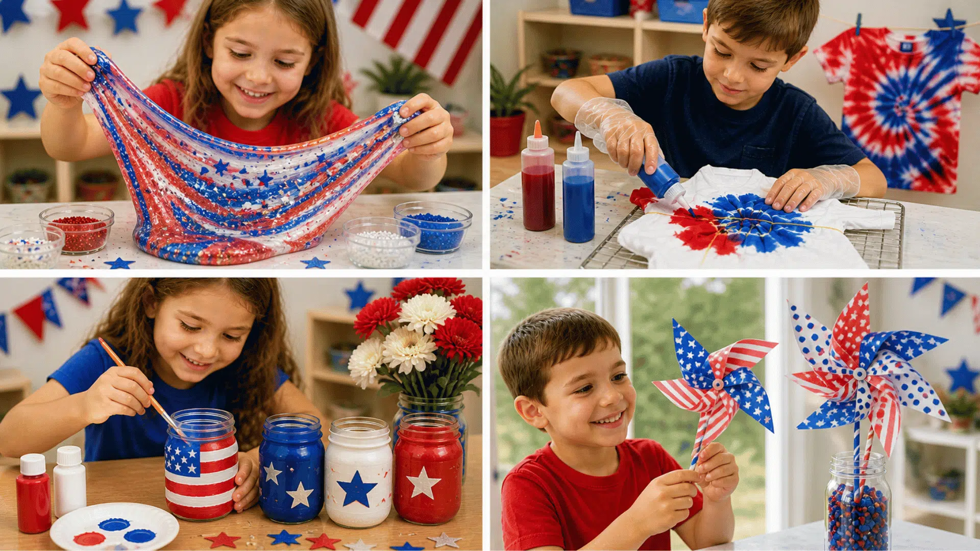 Kids making patriotic slime, tie-dye shirts, painted mason jars, and paper pinwheels in a bright craft room with red, white, blue supplies