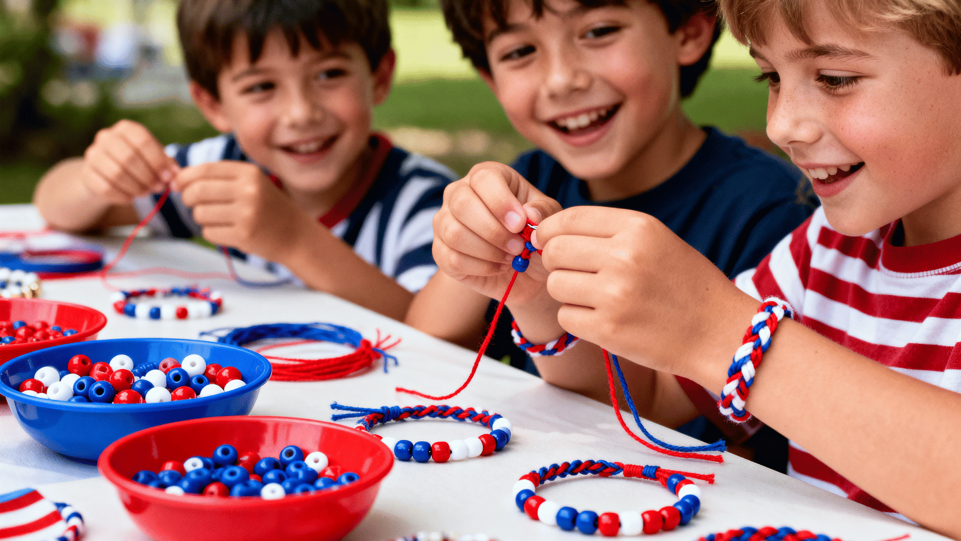 Kids making red, white, and blue bead bracelets, threading and braiding cords at a table with bowls of beads in a bright outdoor setting