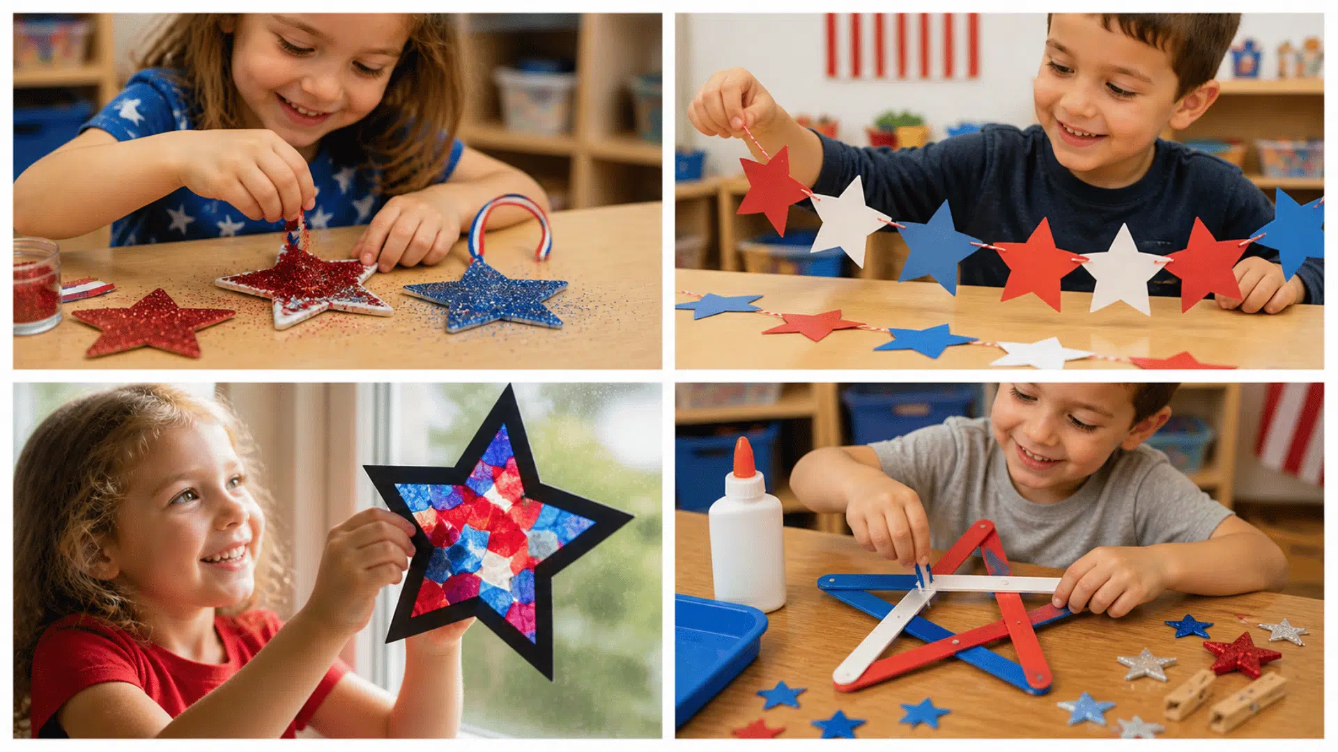 Kids making star crafts with glitter ornaments, paper garland, suncatchers, and popsicle stick stars in a bright classroom setting