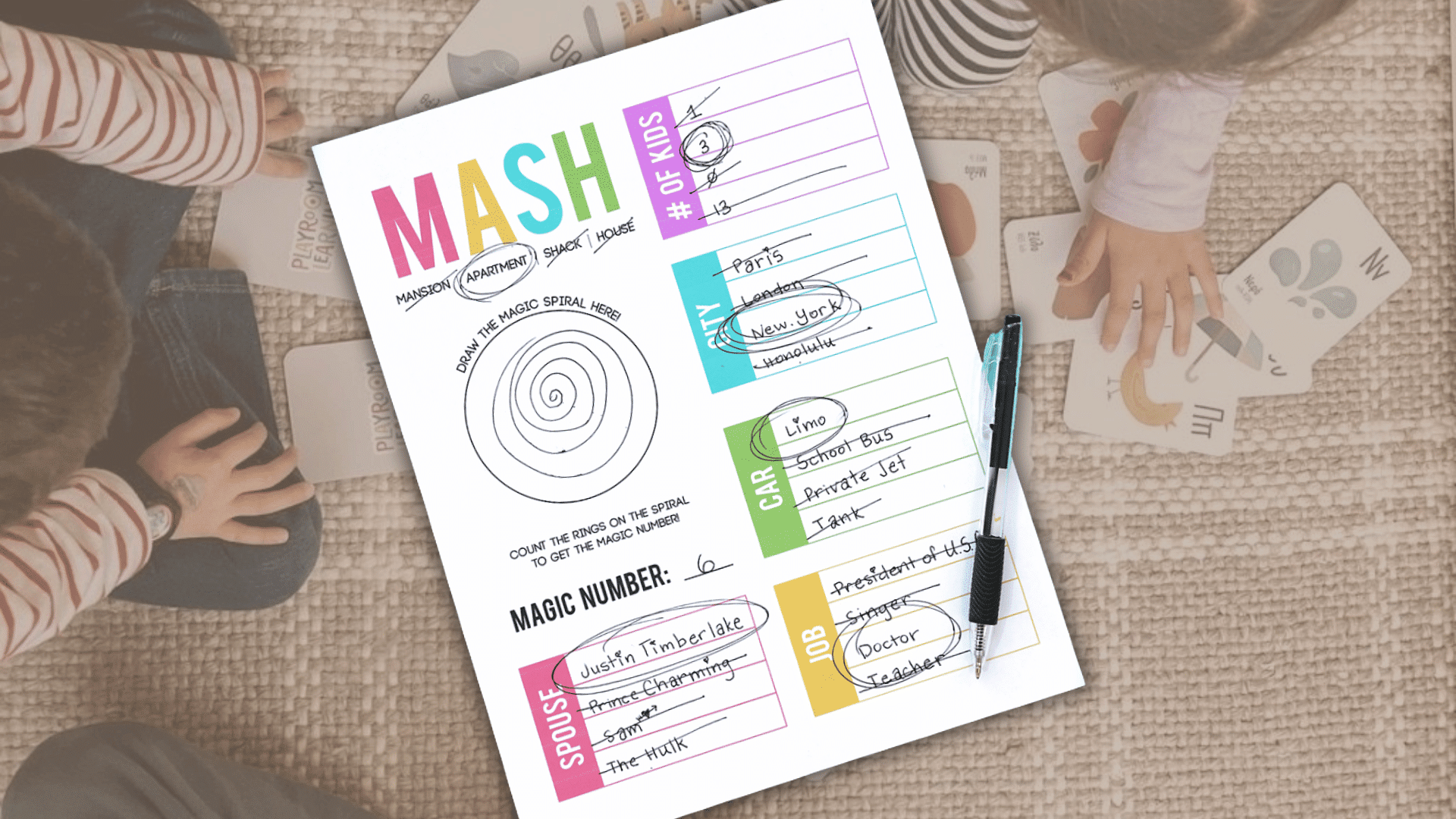 Kids playing the colorful MASH paper game with handwritten future predictions and circled answers.