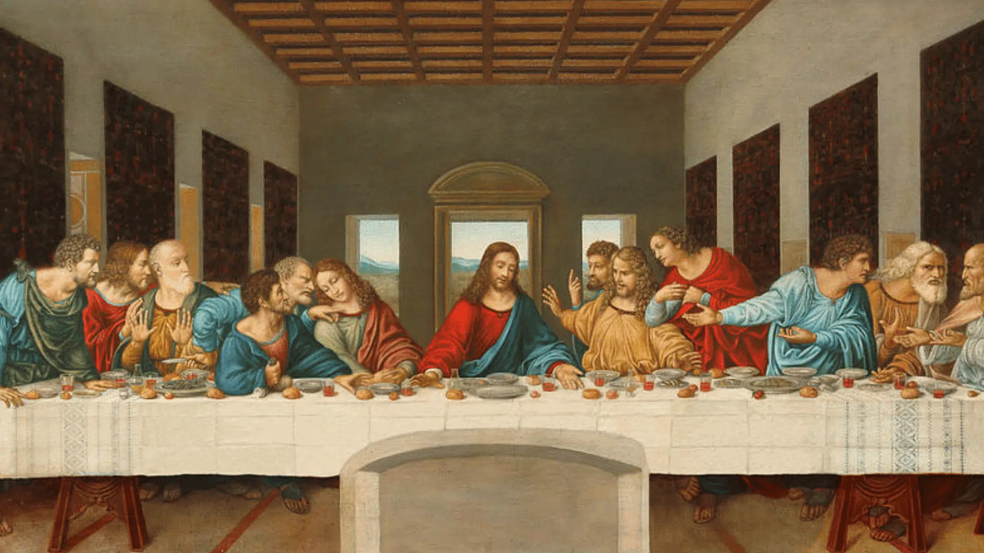last supper painting showing jesus at center with disciples arranged evenly on both sides in balanced composition