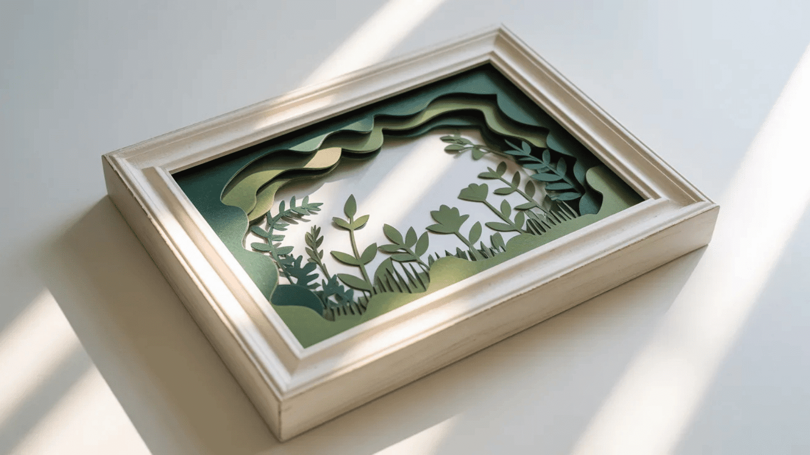 layered paper shadow box art with green landscape design in frame, modern handcrafted decor piece for home gifting