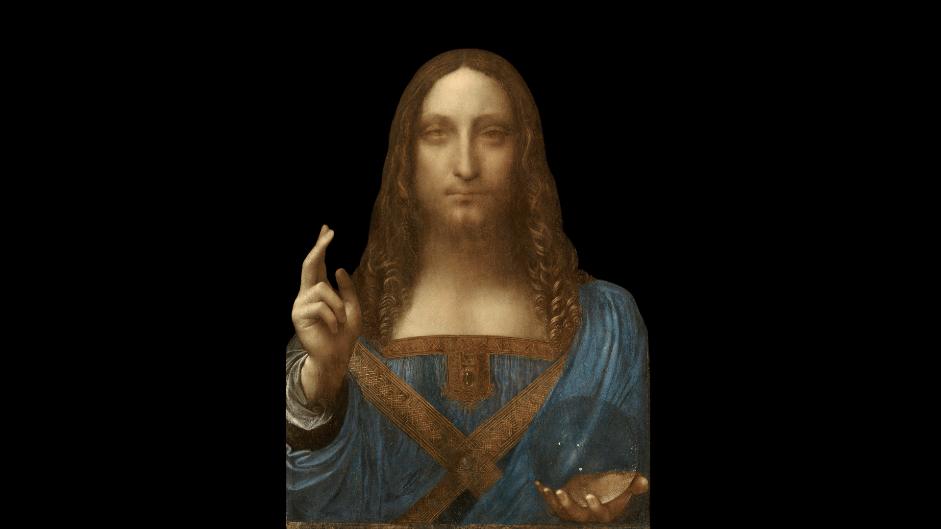 leonardo da Vinci’s Salvator Mundi showing Christ holding a crystal orb against a dark background