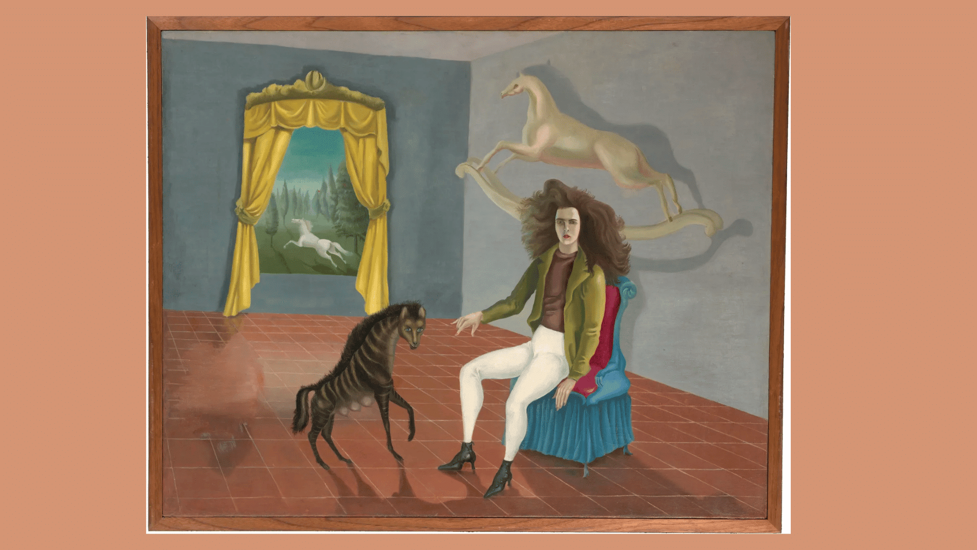 Leonora Carrington surreal painting of a woman with mystical animals in a dreamlike room with eerie fantasy elements.