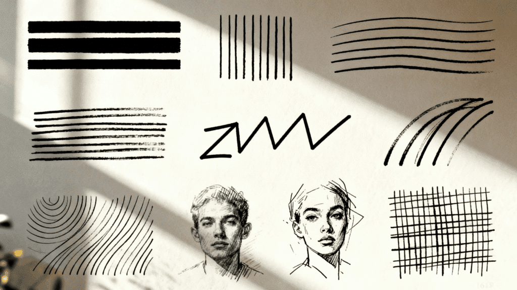Line art examples featuring horizontal, vertical, curved, zigzag, and grid lines with minimalist sketch portraits