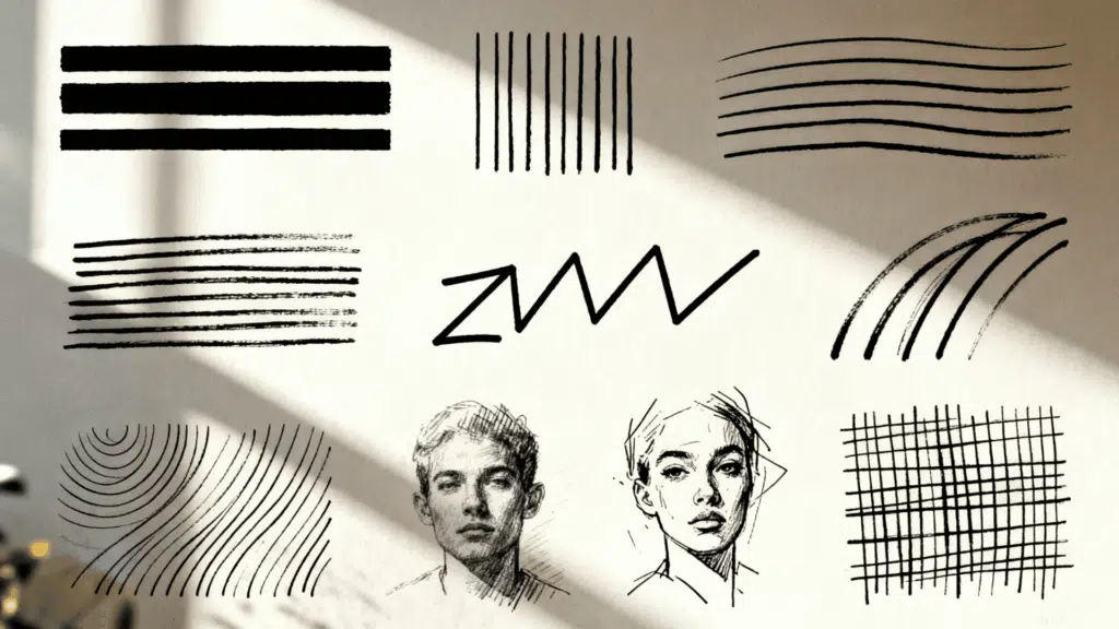 Line art examples featuring horizontal, vertical, curved, zigzag, and grid lines with minimalist sketch portraits